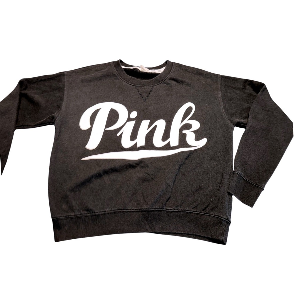 Victoria's Secret PINK Crewneck Sweatshirt Black White Logo XS Extra Small